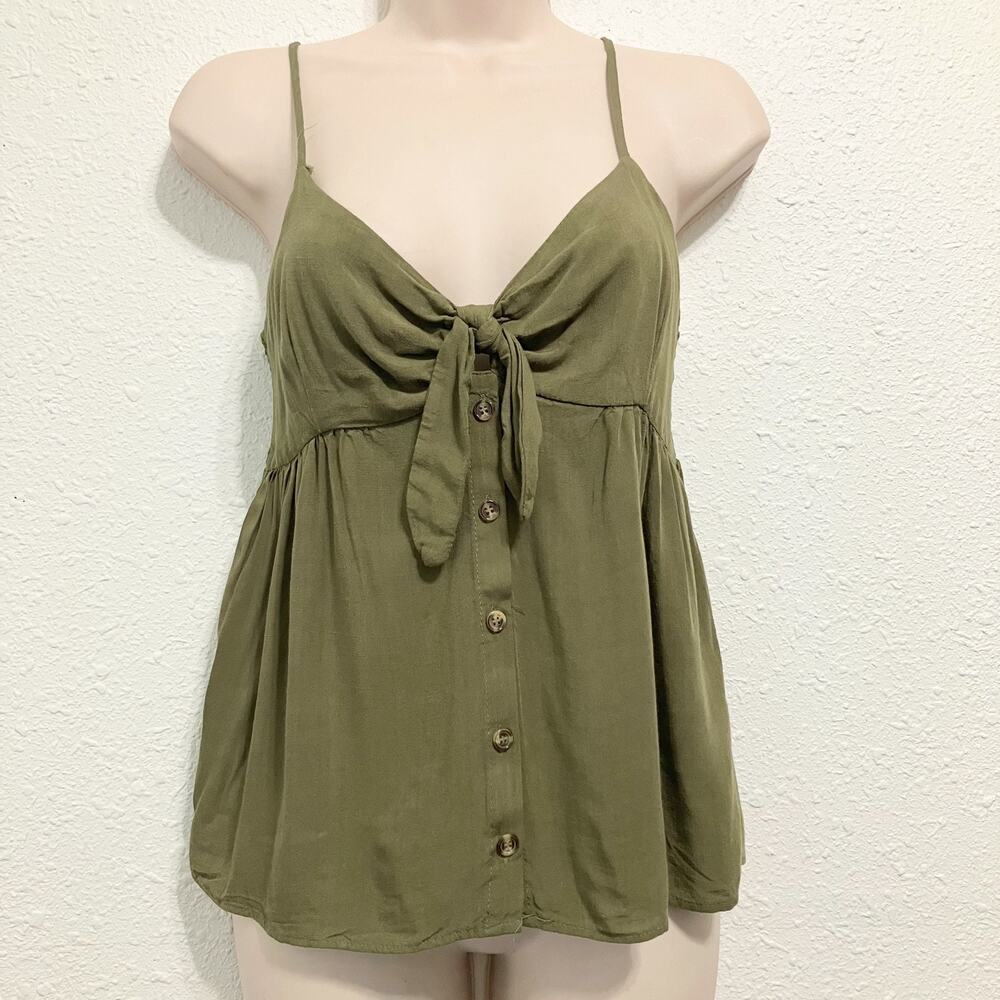 Papermoon Olive Green Babydoll Cami Button Tie Front V-Neck Size M Earthy Boho